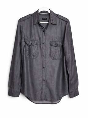 Marciano Press Button-Down Shirt Shiny Metallic Gray Long Sleeves Round Hem